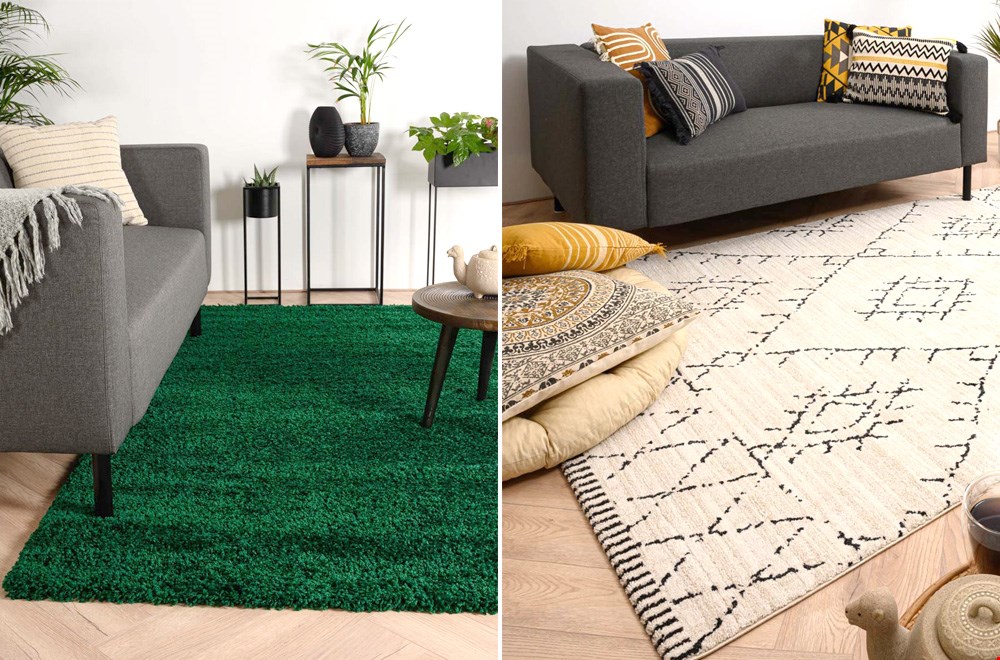 Een groter rechthoekig vloerkleed kan je deels onder je bank leggen om zo het interieur van je woonkamer mooi samen te laten komen Een groter rechthoekig vloerkleed kan je deels onder je bank leggen om zo het interieur van je woonkamer mooi samen te laten komen